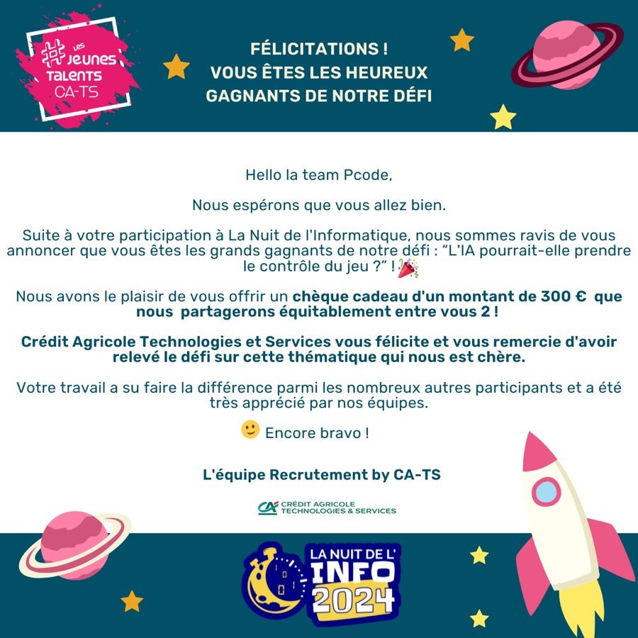 Message de félicitations de Crédit Agricole Technologies & Services annonçant la victoire de l’équipe Pcode